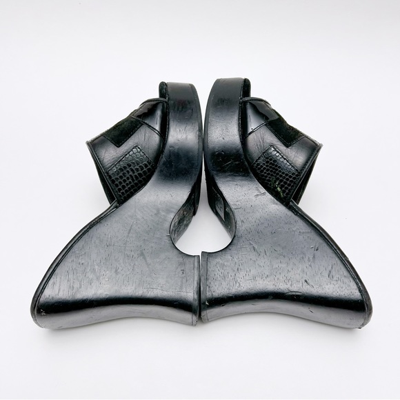 Vintage 90s Y2K Steve Madden Black Patchwork Leather Wood Platform Sandals - Picture 4 of 11